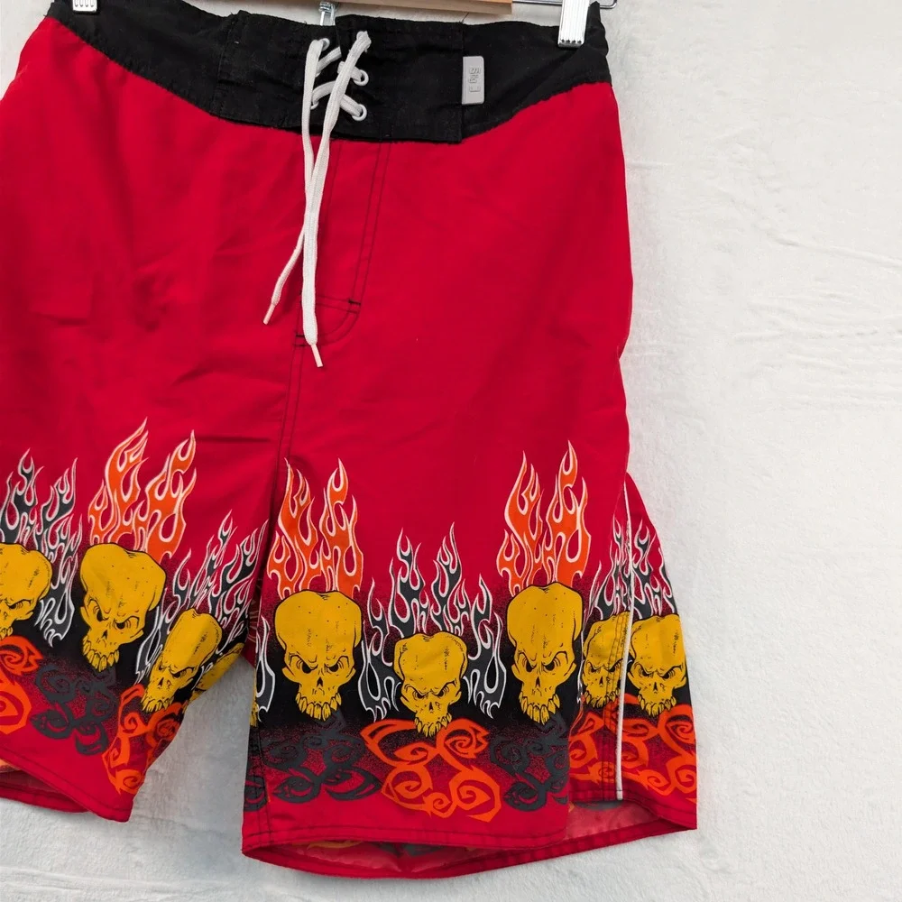 VTG Stig Surf Gear Shorts Mens M Red Mesh Skull Flame Tribal Billabong Style Y2K